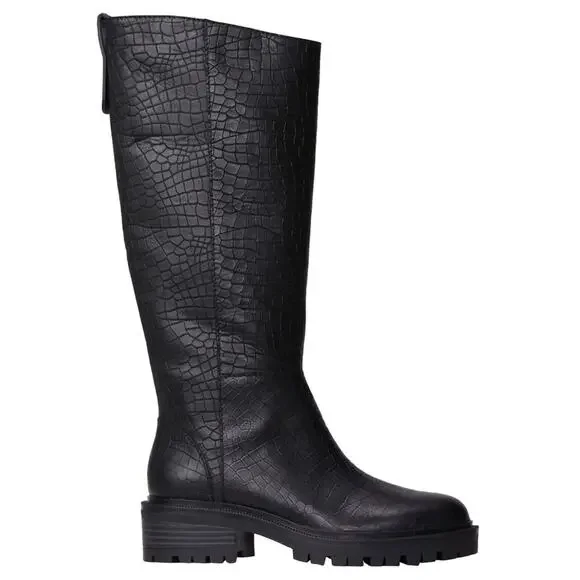 Paige Bella Black Tall/Knee High Boots Sz 9.5 Croc Embossed Leather Lug Sole New